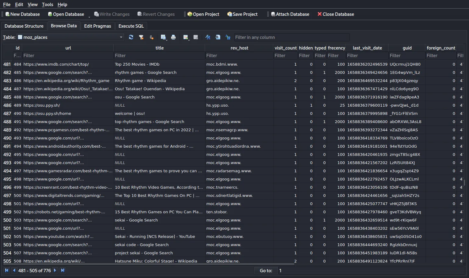 Screenshot of the moz_places table in places.sqlite